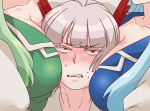  between_breasts blush bow breast_press breasts cleavage collarbone colored_eyelashes dual_persona ex-keine eyelashes face fujiwara_no_mokou hair_bow head_out_of_frame kamishirasawa_keine red_eyes silver_hair sweat touhou yumiya yuri 