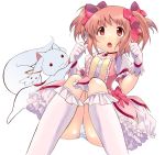  dress gloves kaname_madoka kneehighs kyubey kyuubee mahou_shoujo_madoka_magica open_mouth panties pantyshot pink_eyes pink_hair short_twintails sitting twintails underwear white_panties yuutarou 