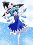  barefoot blue_eyes hat hat_ribbon open_mouth ribbon snow snowflakes snowing sugina_fujitaka touhou wings witch_hat 