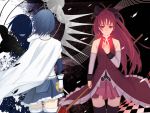  :d bare_shoulders black_legwear black_thighhighs blue_hair bow cape checkered checkered_floor daglasses detached_sleeves from_behind gloves grin hair_bow hand_on_own_chest hand_to_chest highres hitori_doumei light long_hair magical_girl mahou_shoujo_madoka_magica miki_sayaka multiple_girls open_mouth polearm ponytail red_eyes red_hair redhead sakura_kyouko short_hair silhouette smile spear sword thigh-highs thighhighs wallpaper weapon white_gloves 