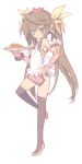  apron armpits bare_shoulders blade_(artist) blade_(lovewn) bodysuit bow brown_hair detached_sleeves flat_chest food frilled_sleeves full_body green_eyes hair_bow hair_ribbon hairband hand_on_hip huang_lingyin infinite_stratos long_hair over-kneehighs pilot_suit ribbon shoes simple_background solo thigh-highs thighhighs tray twintails waitress 