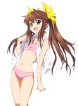  bare_legs bare_shoulders bra brown_hair fang flat_chest green_eyes hair_ribbon haniwa_(near) huang_lingyin infinite_stratos lingerie long_hair looking_at_viewer midriff navel open_clothes open_mouth open_shirt open_vest panties pink_bra pink_panties ribbon shirt simple_background smile solo sports_bra swimsuit twintails underwear white_background 