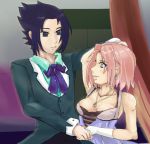  black_hair contemporary couple dress formal haruno_sakura naruto pink_hair suit uchiha_sasuke 