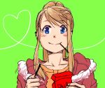  blonde_hair blue_eyes face fullmetal_alchemist green_background heart heart_of_string mouth_hold nishio_haruaki pocky ponytail sketch smile solo winry_rockbell 