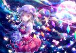  blonde_hair blue_rose blush crystal dress fang flandre_scarlet flower full_moon hat moon neckerchief night night_sky open_mouth petals purple_rose red_eyes riichu rose rose_petals short_hair side_ponytail sky smile solo star_(sky) the_embodiment_of_scarlet_devil touhou wings 