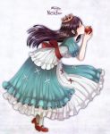  apple asukirabing black_hair closed_eyes crown eyes_closed food fruit german highres holding holding_apple holding_fruit kiss leaning_forward long_dress long_hair marchen profile schneewittchen solo sound_horizon translated 