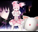  black_hair bubble_skirt choker crack cracks crossed_arms frown gloves gunbuster_pose hairband highres kaname_madoka kyubey kyuubee letterboxed lightning80 magical_girl mahou_shoujo_madoka_magica pink_eyes pink_hair puffy_sleeves purple_eyes short_hair short_twintails tears twintails violet_eyes white_gloves 