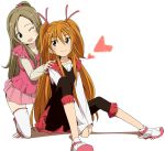  blonde_hair brown_hair casual heart houjou_hibiki ixy kneeling long_hair minamino_kanade multiple_girls precure simple_background sitting smile suite_precure twintails two_side_up wink 