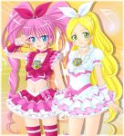  blue_eyes cure_melody cure_rhythm green_eyes hair_ribbon houjou_hibiki long_hair magical_girl minamino_kanade miracle! pink_hair ponytail precure ribbon suite_precure thigh-highs thighhighs twintails v wrist_cuffs 