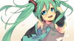  :d arms_up bad_id blue_eyes bust cherry_blossoms colored_eyelashes dancing detached_sleeves green_hair hand_on_headphones hatsune_miku headphones highres necktie open_mouth sama smile solo twintails vocaloid wind 