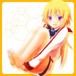  barefoot blonde_hair charlotte_dunois feet hands_clasped hands_under_legs infinite_stratos legs long_hair mina_m open_mouth ponytail purple_eyes smile solo violet_eyes 
