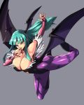  aqua_hair armpit ass bat_wings breasts bridal_gauntlets capcom cleavage darkstalkers demon_girl green_eyes head_wings large_breasts legs leotard long_hair morrigan_aensland nail_polish naughty_face nekomamire pantyhose thighs tongue vampire_(game) wings 