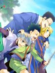  3boys black_hair blonde_hair blue_eyes closed_eyes eyes_closed fishing_rod glasses gon_freecss hand_on_head highres holding holding_fishing_rod hunter_x_hunter killua_zoldyck kurapika leorio male mogmahiru multiple_boys short_hair spiked_hair spiky_hair white_hair 