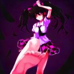  barefoot black_hair cff checkered checkered_skirt feet foreshortening hat hata-tan himekaidou_hatate kanno_kengo long_hair pointy_ears pov_feet purple_eyes skirt soles solo toes tokin_hat touhou twintails violet_eyes wrist_cutting 