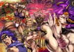  acdc aqua_eyes bandana blue_hair cars_(jojo) chain characters:santana_(jojo) clenched_hand dagger esidisi fist horns illa jewelry jojo_no_kimyou_na_bouken joseph_joestar joseph_joestar_(young) multiple_boys needle open_mouth pillar purple_hair santana_(jojo) scarf tattoo tentacle tentacles tongue tongue_out weapon wham 