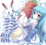  blue_hair bunny_ears bunny_tail feet fetal_position long_hair mizumidori new_year original pillow pillow_hug plush red_eyes solo striped striped_legwear striped_thighhighs tail thigh-highs thighhighs 