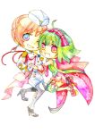  blonde_hair bow chibi earrings garters green_hair hand_holding hat holding_hands jewelry macross macross_frontier macross_frontier:_sayonara_no_tsubasa military military_uniform mizuyu multicolored_eyes multiple_girls open_mouth ranka_lee sheryl_nome short_hair simple_background single_earring thigh-highs thighhighs uniform wink 