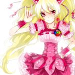  \m/ bad_proportions blonde_hair bow brooch corset cure_peach dress earrings fresh_precure! hair_ornament hairpin jewelry long_hair magical_girl momozono_love morita_baltan precure red_eyes ribbon smile solo twintails wrist_cuffs 