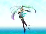  detached_sleeves green_eyes green_hair hand_on_chest hatsune_miku long_hair musical_note necktie outstretched_arm skirt solo thigh_highs twintails vocaloid 