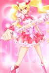  blonde_hair boots bow character_name choker corset cure_peach earrings foreshortening fresh_precure! fresh_pretty_cure! frown hair_ornament hairpin heart highres jewelry kneehighs kojikoji long_hair magical_girl momozono_love peach_rod precure pretty_cure red_eyes ribbon serious skirt solo sparkle twintails wand 