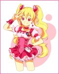  bad_id blonde_hair bow choker corset cure_peach earrings fresh_precure! hair_ornament hairpin hand_on_hip heart hips jewelry long_hair magical_girl momozono_love precure red_eyes ribbon rim1010 skirt smile solo twintails v wrist_cuffs 