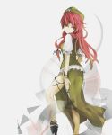  alternate_eye_color anklet bad_id bare_legs black_buraku blush bracelet braid china_dress chinese_clothes earrings glaring hat high_heels highres hong_meiling jewelry long_hair looking_back ogipote red_eyes red_hair redhead shoes side_slit simple_background solo star touhou twin_braids 