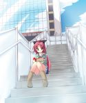  apple bag boots bow building denim denim_shorts favfavver2 food fruit hair_bow knee_boots kyubey kyuubee long_hair mahou_shoujo_madoka_magica paper_bag ponytail red_hair redhead sakura_kyouko shorts solo stairs 