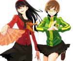  3girls amagi_yukiko bad_id bespectacled bike_shorts black_hair blue_eyes brown_eyes brown_hair cardigan fan glasses hairband jacket long_hair multiple_girls pantyhose persona persona_4 satonaka_chie school_uniform short_hair skirt smiley_face track_jacket yamakawa_(p-38) yellow-framed_glasses 