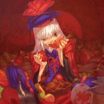  apple carrot chomoran corn eating food fruit grapefruit hat holding holding_apple holding_fruit kamishirasawa_keine kukri long_hair meat messy pear plate red_eyes sitting solo tears tomato touhou turkey turkey_(food) white_hair 