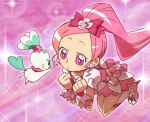  boots bow brooch chypre_(heartcatch_precure!) creature cure_blossom dress earrings flower hair_flower hair_ornament hair_ribbon hanasaki_tsubomi heartcatch_precure! high_heels jewelry kneeling long_hair magical_girl mascot pink_eyes pink_hair ponytail precure ribbon rim1010 shoes shypre smile sparkle tail wrist_cuffs 