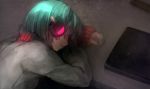  aqua_hair closed_eyes earphones female green_hair hatsune_miku headphones menou_kururu short_hair sleeping solo sweatshirt vocaloid 