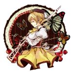  bad_id beret blonde_hair butterfly closed_eyes detached_sleeves drill_hair eyes_closed fingerless_gloves gloves gun hat magical_musket mahou_shoujo_madoka_magica profile puffy_sleeves rifle shoumu smile solo thorns tomoe_mami weapon witch&#039;s_labyrinth witch's_labyrinth 