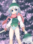  beanie blue_eyes dual_wielding ghost hat highres hitodama kairakuen_umenoka katana konpaku_youmu konpaku_youmu_(ghost) myon no_pants panties scarf shimamura_youmu short_hair silver_hair solo standing striped striped_panties sword tougall touhou underwear vest weapon 