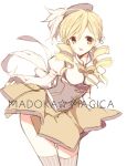  bad_id beret blonde_hair curtsey drill_hair fingerless_gloves gloves hat long_hair magical_girl mahou_shoujo_madoka_magica open_mouth petitbisou puffy_sleeves simple_background sketch smile solo thigh-highs thighhighs tomoe_mami twintails yellow_eyes 