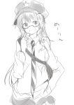  alternate_costume ayase08 bag bespectacled cabbie_hat casual glasses grin hair_tussle hand_in_pocket hat hong_meiling long_hair monochrome necktie pun2 simple_background smile solo touhou 