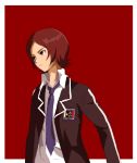  male namori persona persona_2 red_eyes red_hair redhead school_uniform simple_background solo suou_tatsuya 