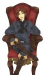  axis_powers_hetalia boots brown_eyes brown_hair chair gloves hainegom janis_(hainegom) male military military_uniform northern_italy_(hetalia) simple_background solo uniform 