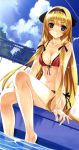  absurdres barefoot bikini blonde blonde_hair blue_eyes breasts cleavage feet feet_in_water front-tie_top highres long_hair misaki_kurehito mizugi oppai original pool poolside side-tie_bikini sitting soaking_feet solo string_bikini swimsuit water 