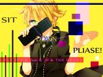  +_+ blond_hair green_eyes headphones jacket kagamine_len male multicolored_eyes necktie ponytail remote_control rimocon_(vocaloid) short_hair solo vocaloid yellow_eyes 
