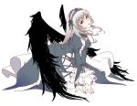  all_fours bad_id dress flower frills hairband long_hair purple_rose red_eyes rose rozen_maiden silver_hair simple_background solo suigintou wings yuki_(wankosoba) 