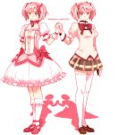  bow bubble_skirt different_shadow dual_persona hair_bow hair_ribbon hand_holding holding_hands kago1205 kaname_madoka magical_girl mahou_shoujo_madoka_magica pink_eyes pink_hair ribbon school_uniform shadow simple_background thigh-highs thighhighs title_drop twintails zettai_ryouiki 