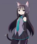  akemi_homura animal_ears arms_behind_back bare_shoulders black_hair cat_ears cat_tail chan_co cosplay detached_sleeves frown hairband hatsune_miku hatsune_miku_(cosplay) kemonomimi_mode long_hair mahou_shoujo_madoka_magica necktie pantyhose purple_eyes simple_background skirt solo tail violet_eyes vocaloid 