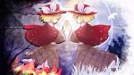 alone_(vocaloid) blonde_hair blue_eyes capelet closed_eyes cloud clouds dress dual_persona eyes_closed fire hair_ornament hairclip hands_together hat highres kagamine_rin profile shiramori_yuse symmetry vocaloid yuse 