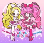  blonde_hair blue_eyes boots bow braid character_name chibi choker cure_melody cure_rhythm curly_hair dress green_eyes hair_ribbon hand_holding heart holding_hands houjou_hibiki long_hair magical_girl minamino_kanade miskiss multiple_girls pink_hair precure ribbon shoes smile sparkle star suite_precure symmetry thigh-highs thighhighs title_drop twintails very_long_hair wrist_cuffs 