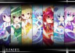  alternate_color alternate_element ascot bad_id blue_eyes blue_hair bow cirno column_lineup dress fujisaki_kaon hair_bow hapa_cirno highres ikazu_cirno kaze_cirno mizu_cirno ribbon short_hair smile touhou wings 