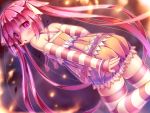 bare_shoulders blush bracelet covering covering_ass detached_sleeves dutch_angle from_behind highres jewelry long_hair looking_back namaru_(summer_dandy) original pink_eyes pink_hair shiny shiny_hair sleeves_past_wrists solo striped striped_legwear thigh-highs thighhighs twintails wallpaper zettai_ryouiki 