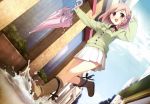  absurdres bare_legs blush boots braid dutch_angle flower hair_flower hair_ornament highres kantoku open_mouth pink_eyes pink_hair pleated_skirt puddle rubber_boots short_hair side_braid skirt smile splash splashing umbrella water your_diary yua_(your_diary) 