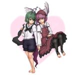  2girls animal_ears antennae barefoot cape dress feet green_eyes green_hair hat highres insect_girl kuro_suto_sukii multiple_girls mystia_lorelei pink_eyes pink_hair short_hair smile thighhighs toeless_socks touhou wings wriggle_nightbug 