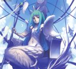  blue_eyes crown dimension_zero green_hair mermaid monster_girl nagi_ryou nail_polish solo staff throne 