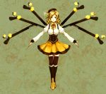  beret blonde_hair boots corset detached_sleeves drill_hair fake_wings faux_wings fingerless_gloves gloves gun hat highres light_particles magical_girl mahou_shoujo_madoka_magica outstretched_arms puffy_sleeves rifle sai-sai solo thigh-highs thighhighs tomoe_mami weapon wings yellow_eyes zettai_ryouiki 